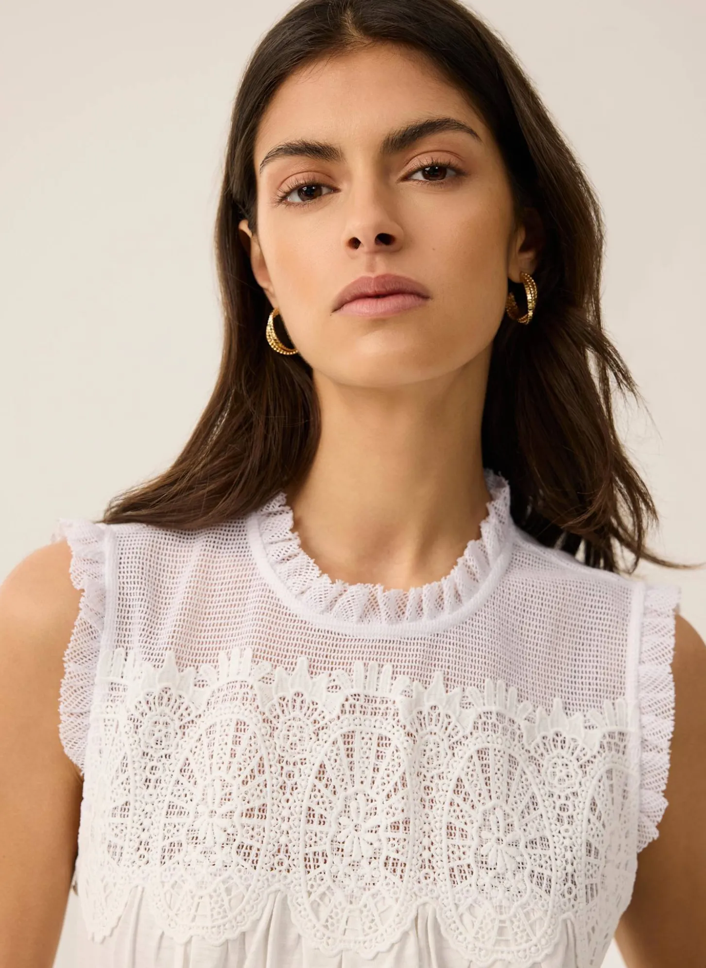 White Cotton Blend Lace Applique Top