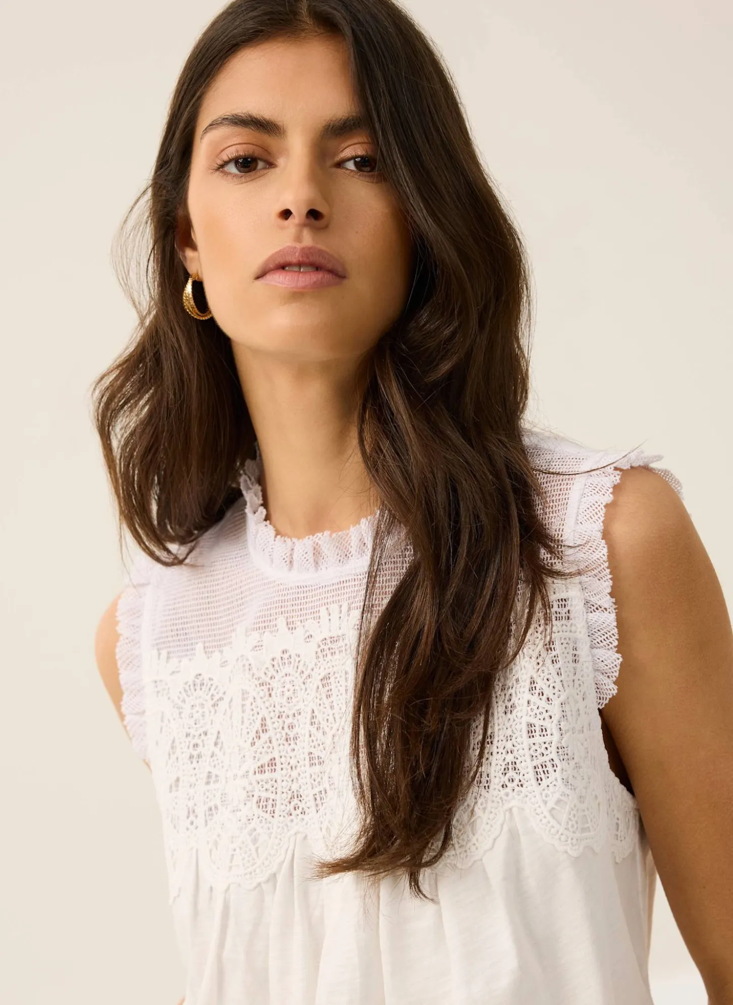 White Cotton Blend Lace Applique Top