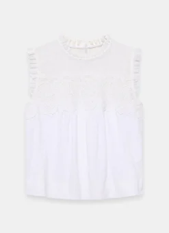 White Cotton Blend Lace Applique Top