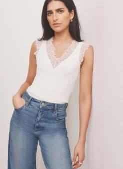 White Cotton Blend Lace Detail Top