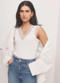 White Cotton Blend Lace Detail Top