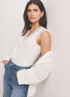 White Cotton Blend Lace Detail Top
