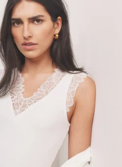 White Cotton Blend Lace Detail Top