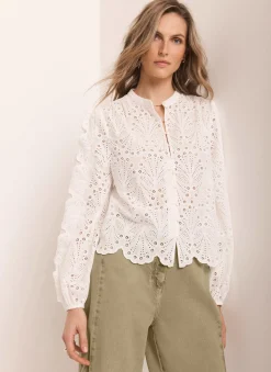 White Cotton Broderie Detail Blouse