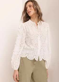 White Cotton Broderie Detail Blouse