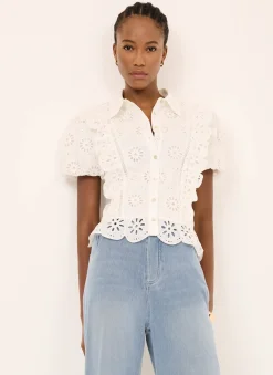 White Cotton Broderie Detail Shirt