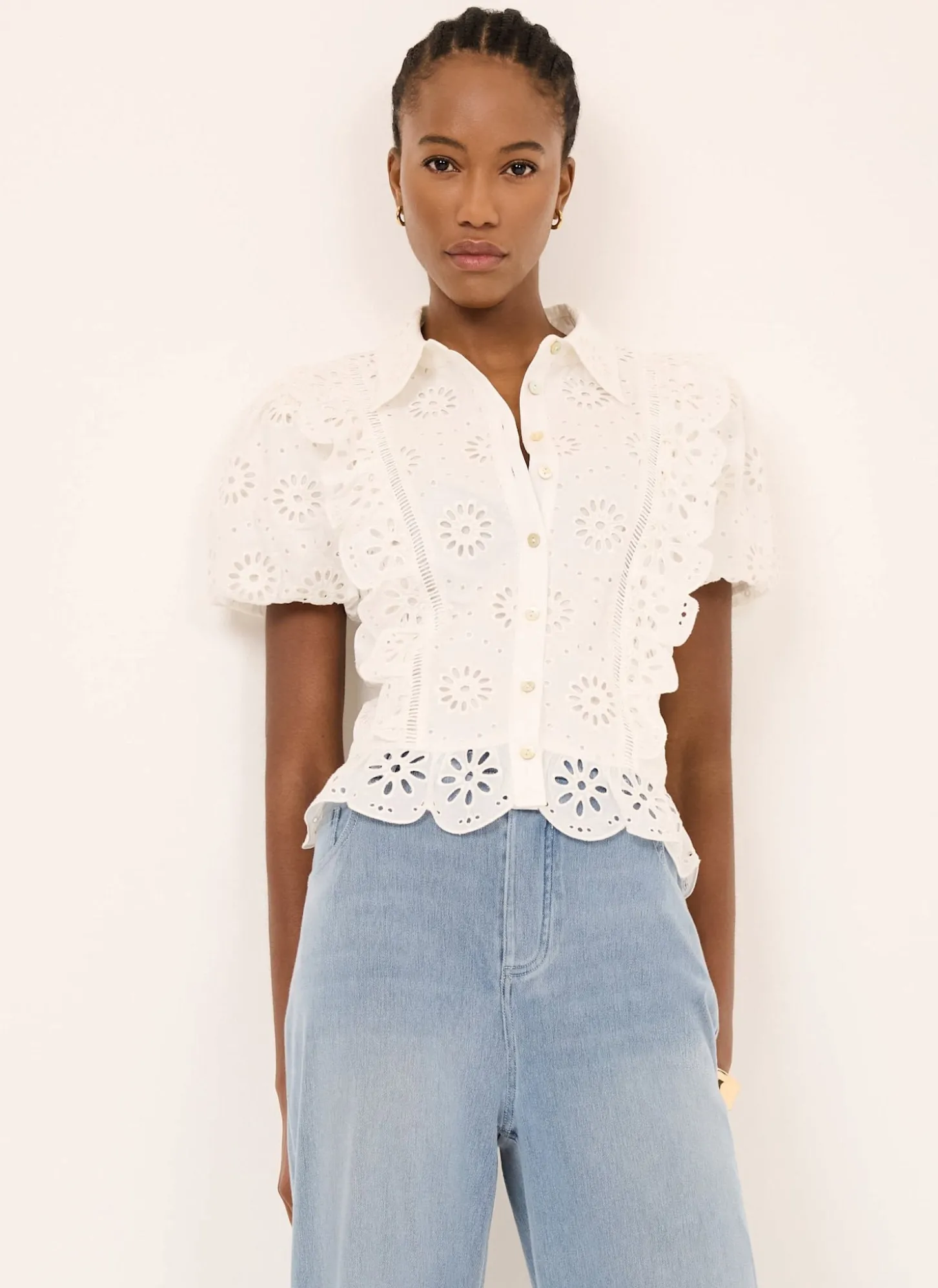 White Cotton Broderie Detail Shirt