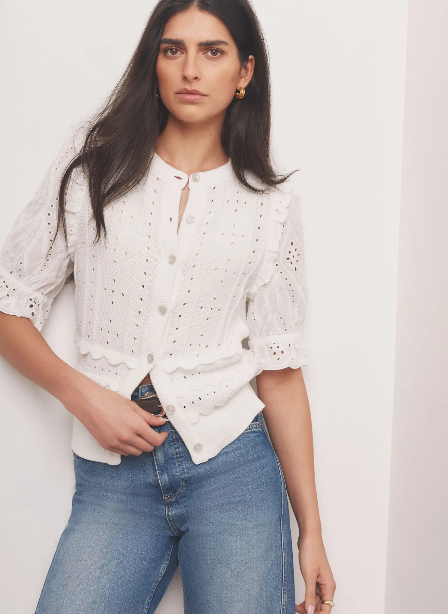 White Cotton Broderie Knit Top