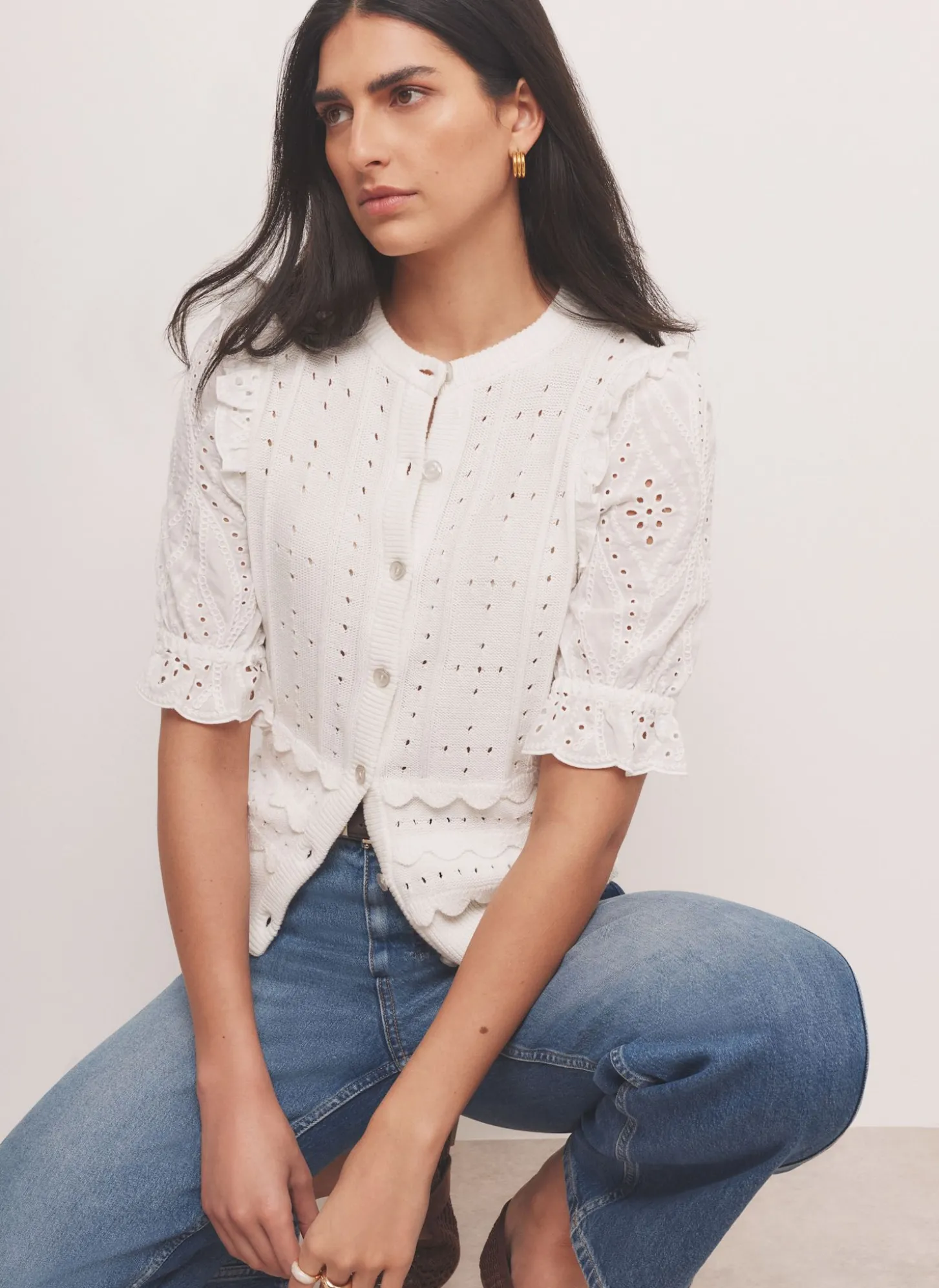 White Cotton Broderie Knit Top