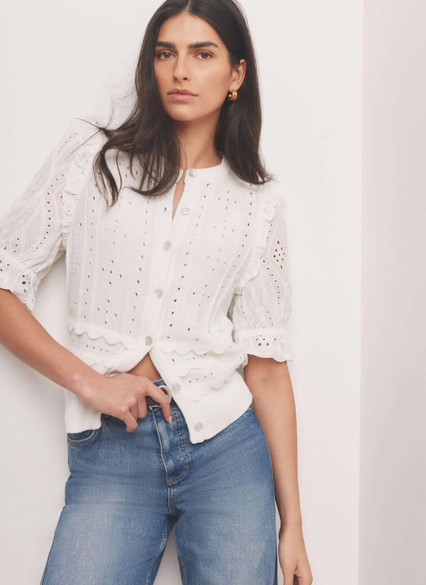 White Cotton Broderie Knit Top