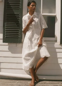 White Cotton Broderie Midi Skirt