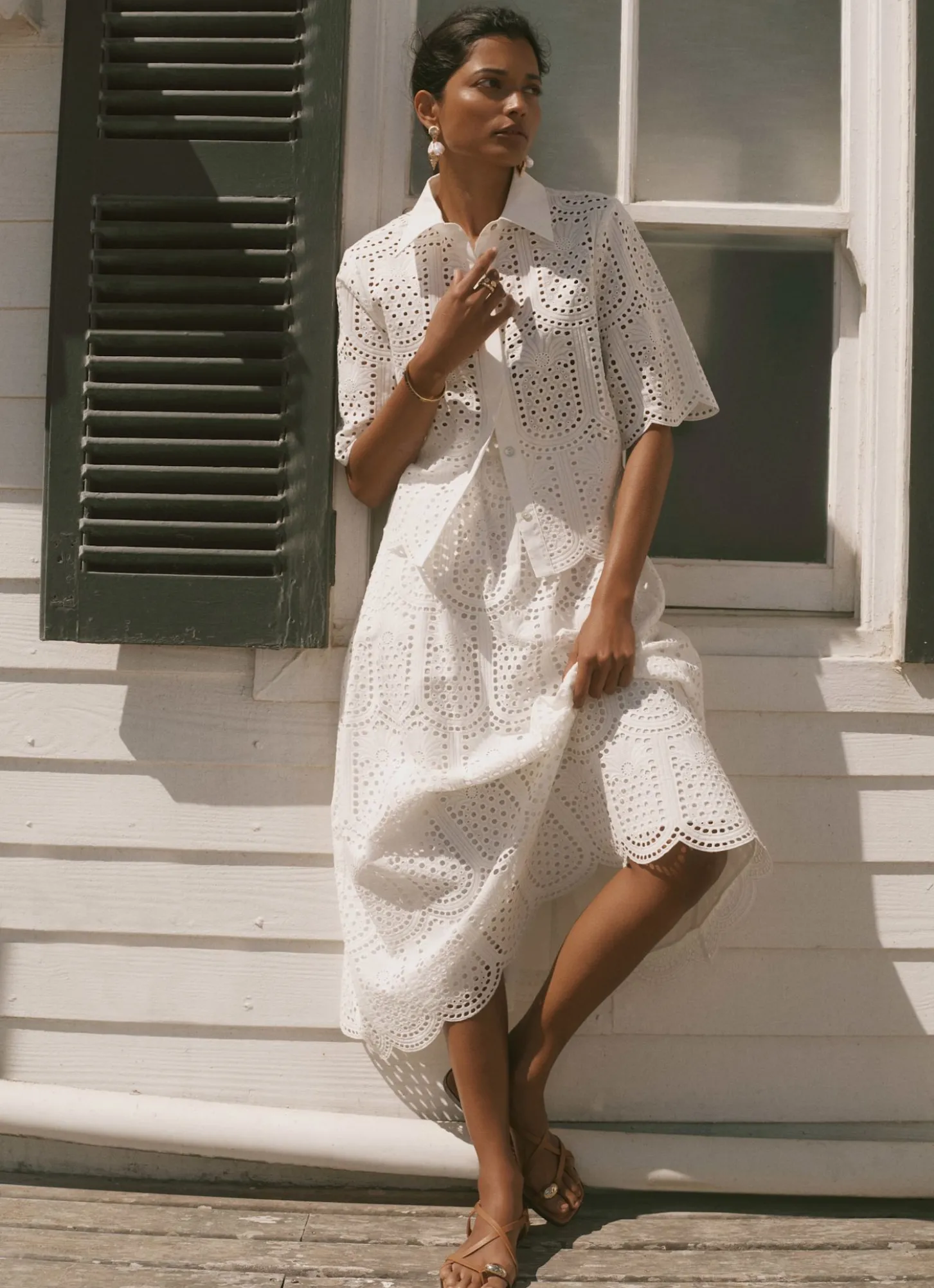 White Cotton Broderie Midi Skirt