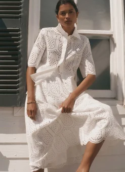 White Cotton Broderie Midi Skirt