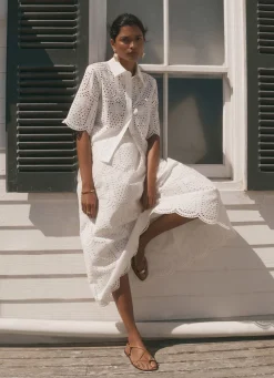 White Cotton Broderie Midi Skirt