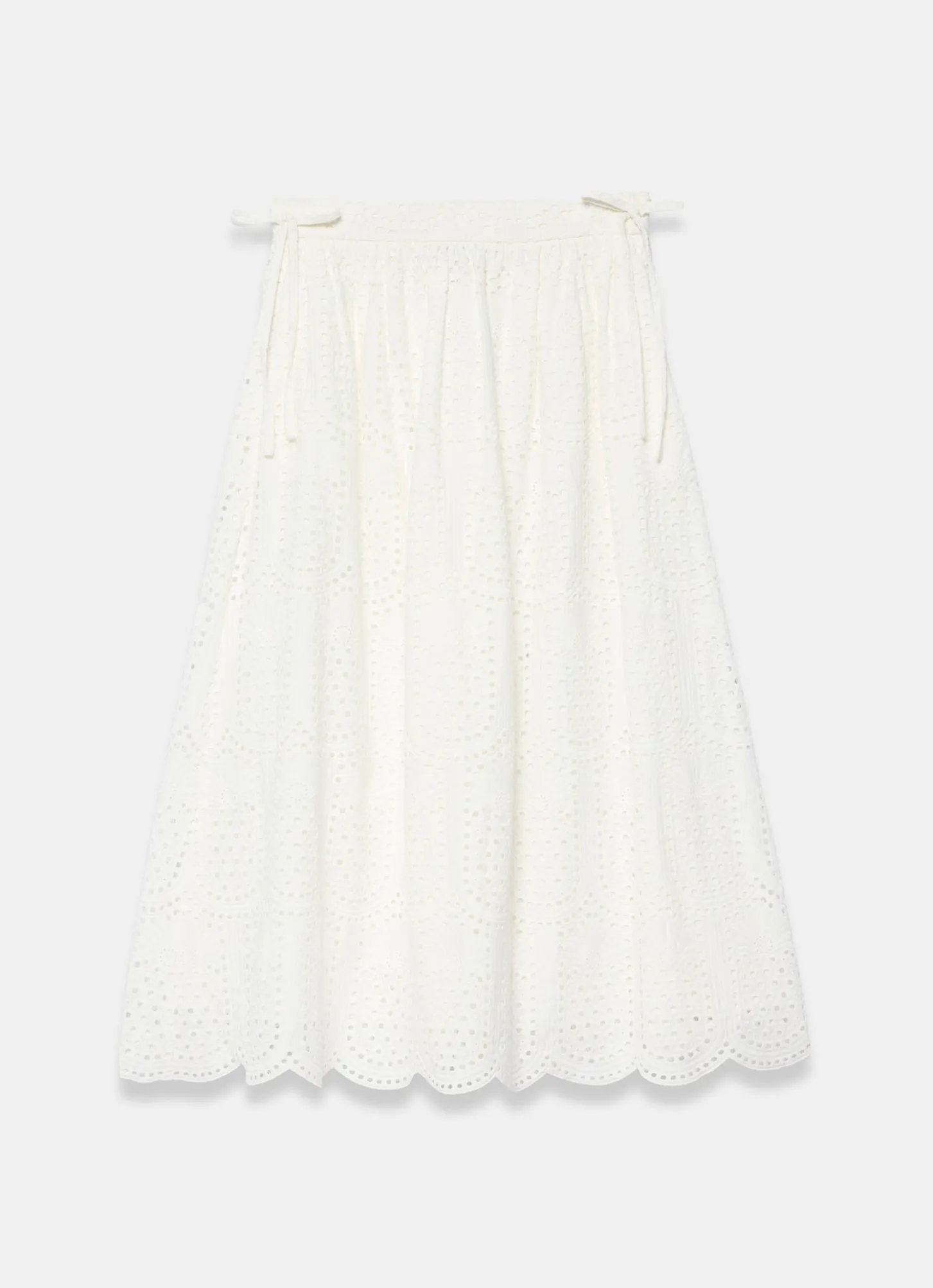White Cotton Broderie Midi Skirt