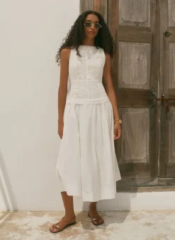 White Cotton Broderie Midi Dress