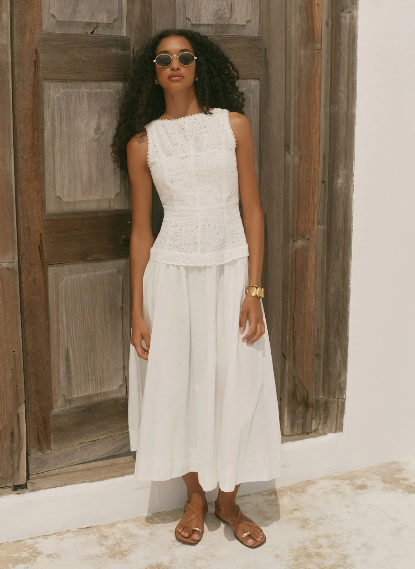 White Cotton Broderie Midi Dress