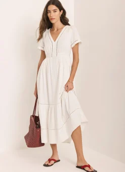 White Cotton Cheesecloth Midi Dress
