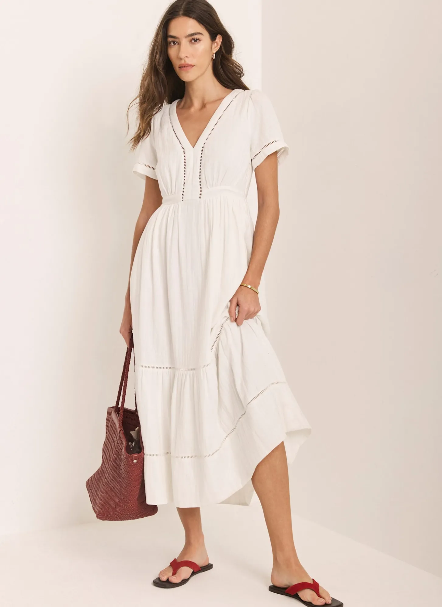 White Cotton Cheesecloth Midi Dress