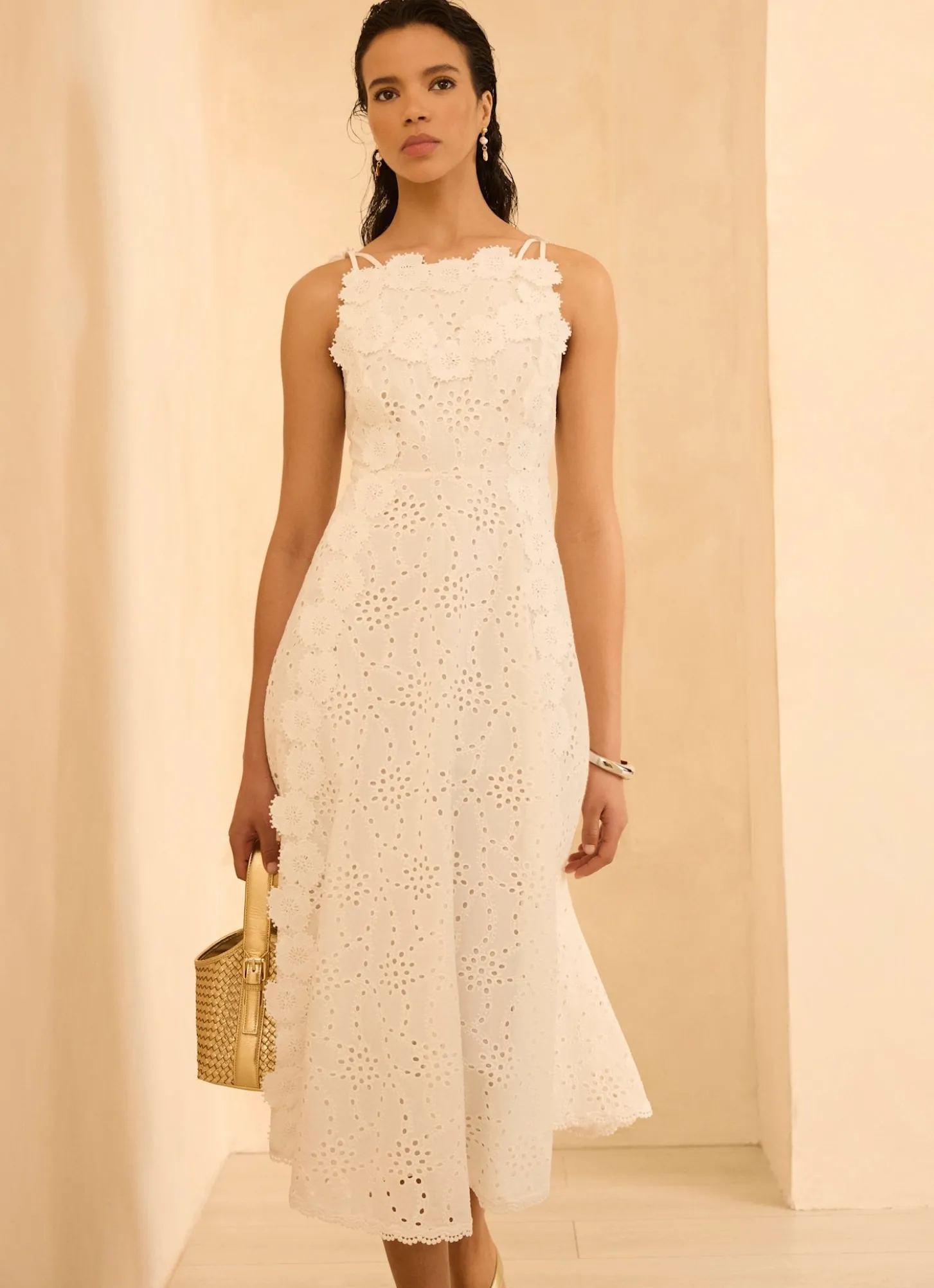 White Cotton Floral Lace Midi Dress