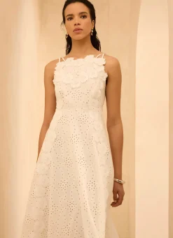 White Cotton Floral Lace Midi Dress