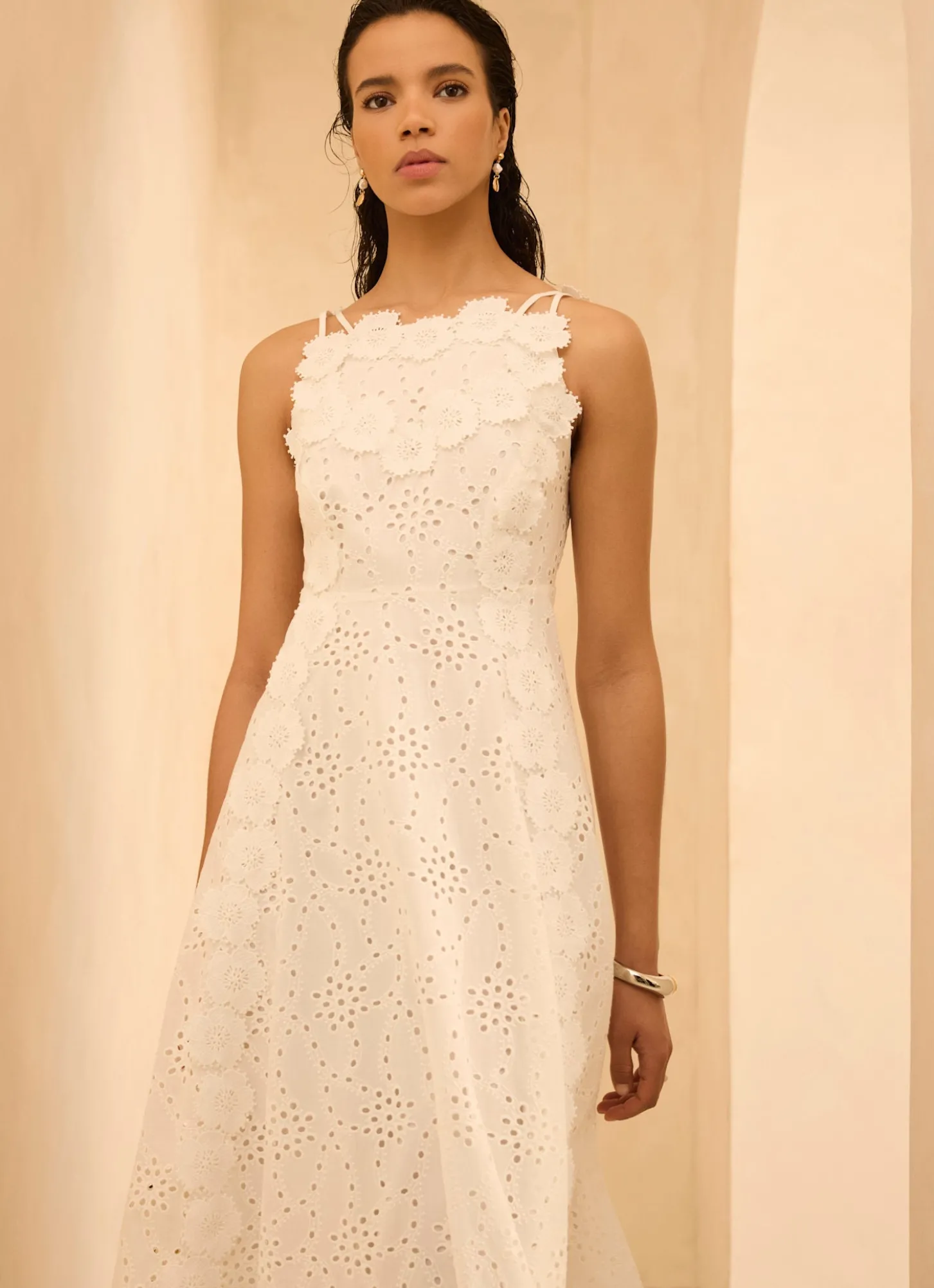 White Cotton Floral Lace Midi Dress
