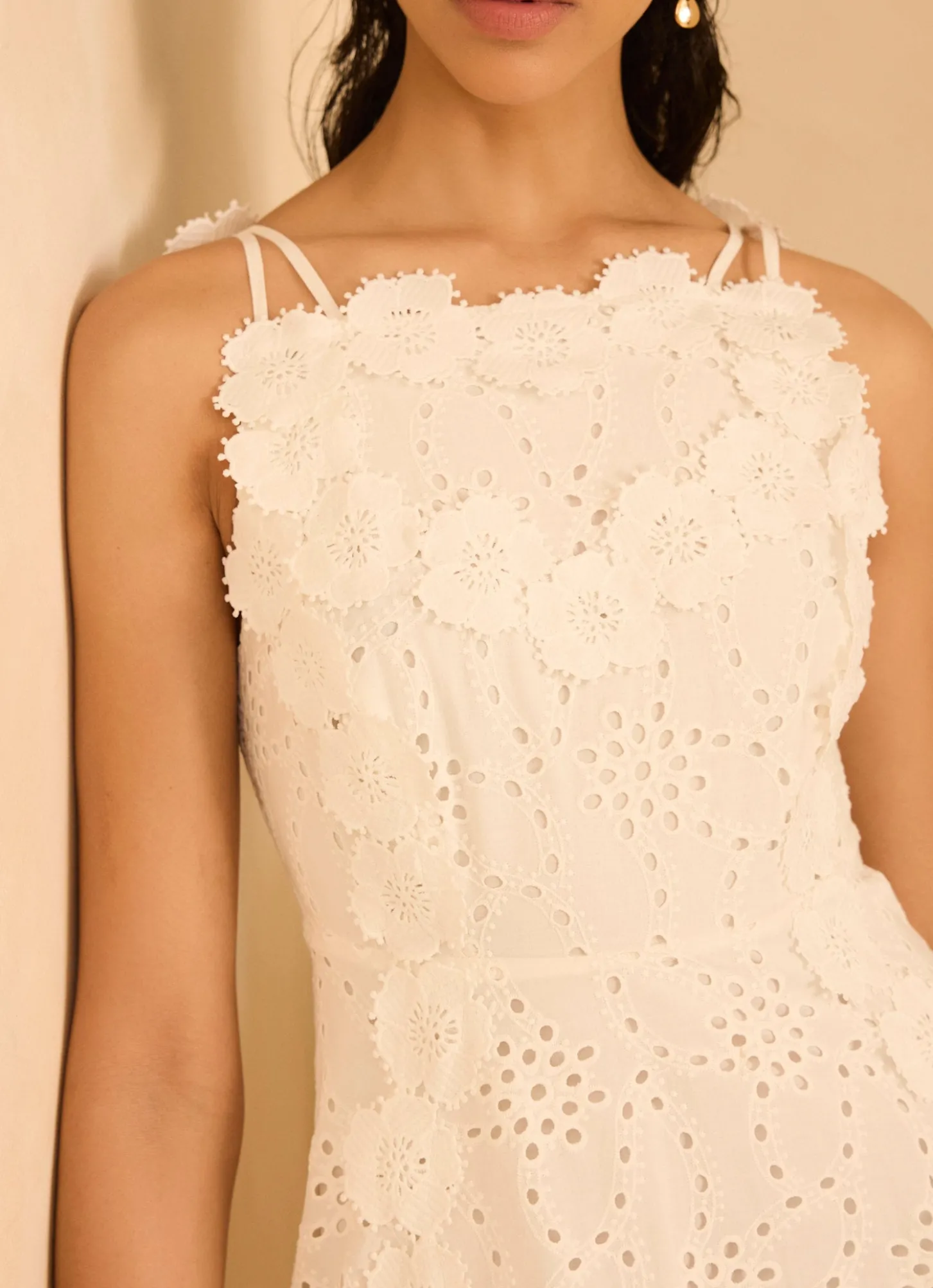 White Cotton Floral Lace Midi Dress