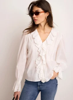 White Cotton Ruffle Trim Blouse