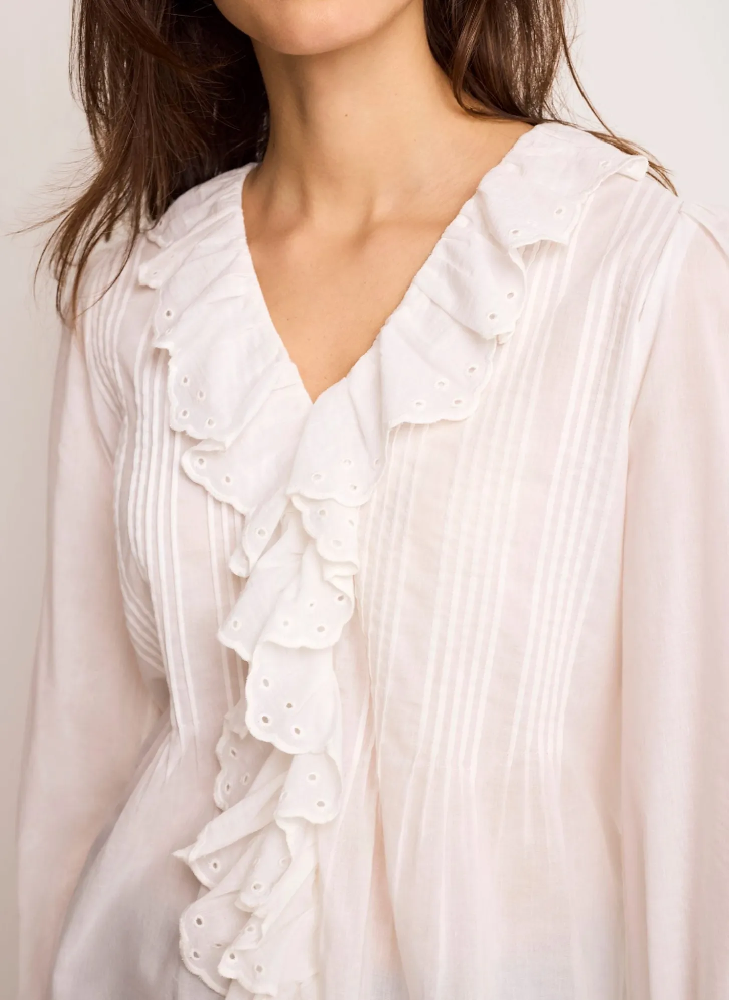 White Cotton Ruffle Trim Blouse