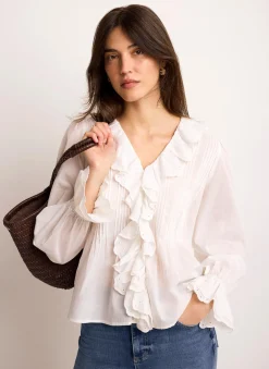 White Cotton Ruffle Trim Blouse