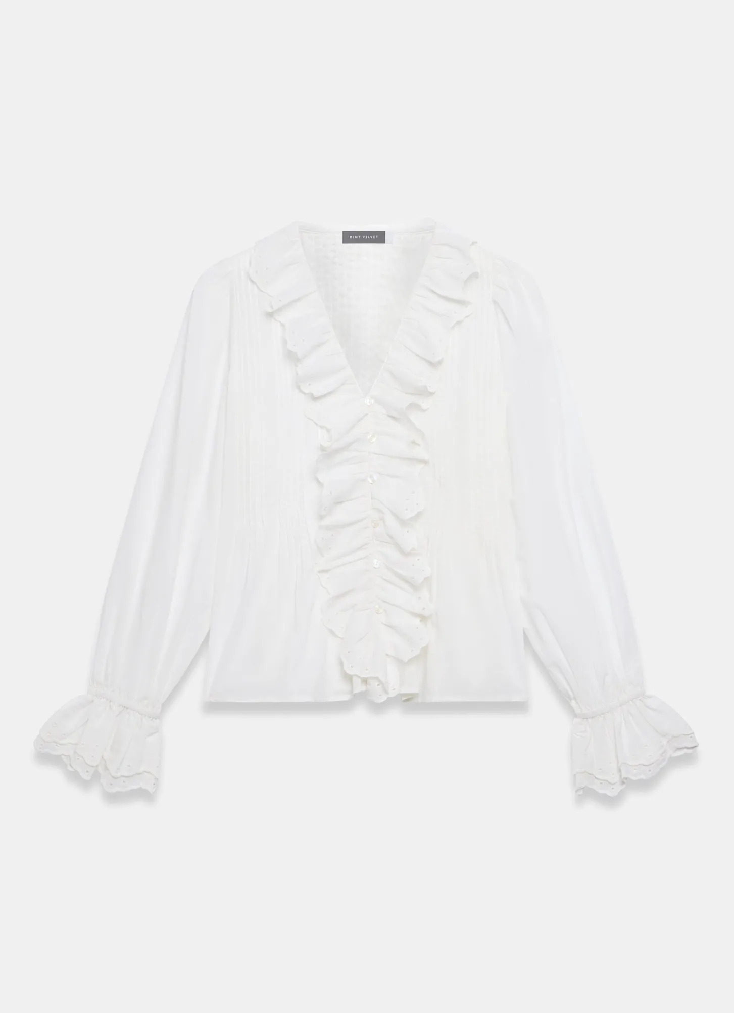 White Cotton Ruffle Trim Blouse