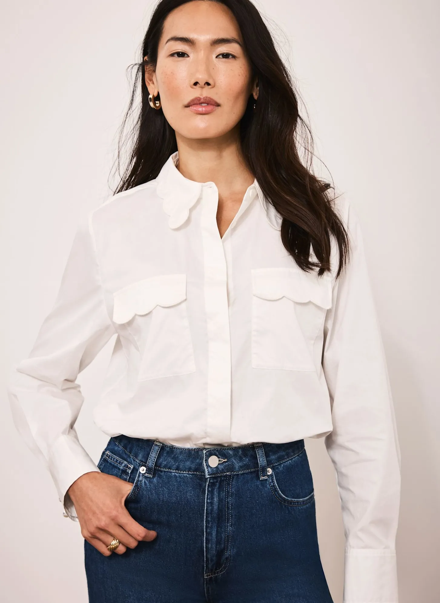 White Cotton Scallop Detail Shirt