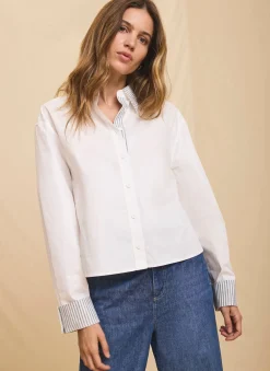 White Cotton Stripe Detail Cropped Shirt