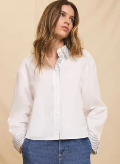 White Cotton Stripe Detail Cropped Shirt