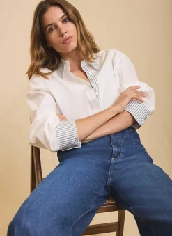 White Cotton Stripe Detail Cropped Shirt