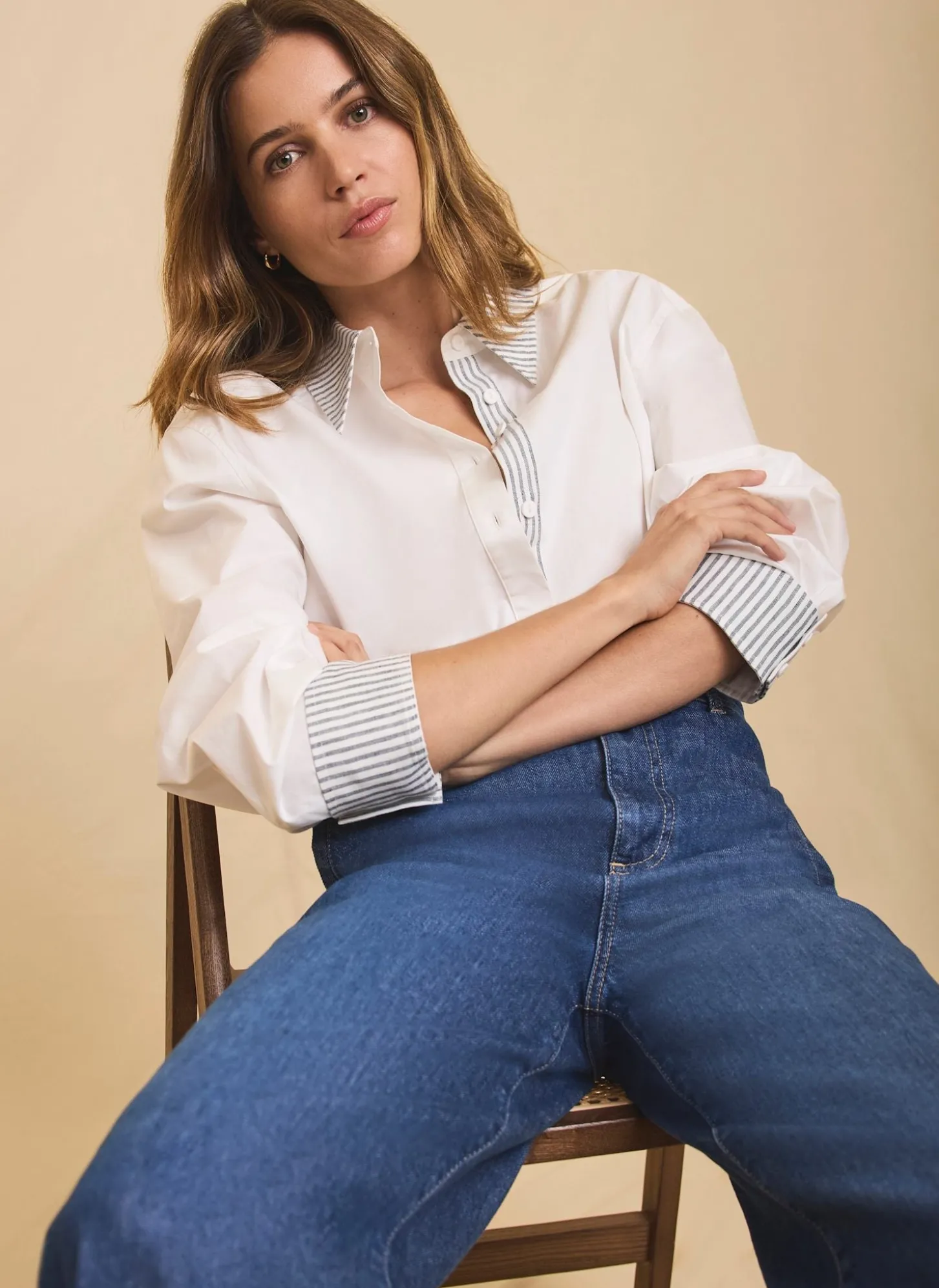 White Cotton Stripe Detail Cropped Shirt