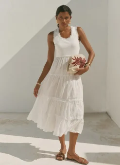 White Crochet Trim Tiered Midi Dress