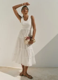 White Crochet Trim Tiered Midi Dress