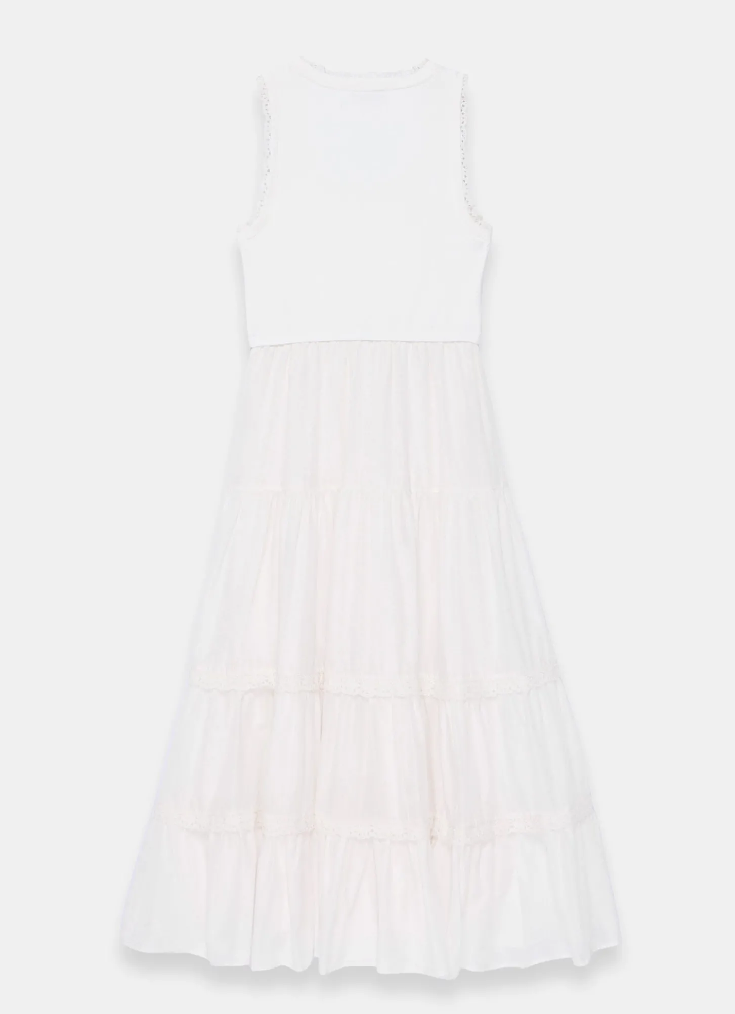 White Crochet Trim Tiered Midi Dress