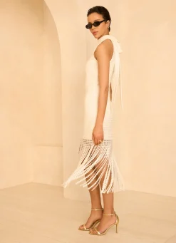 White Disc Detail Fringed Midi Dress