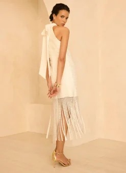 White Disc Detail Fringed Midi Dress