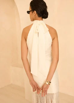 White Disc Detail Fringed Midi Dress