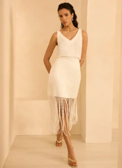 White Disc Detail Fringed Midi Skirt