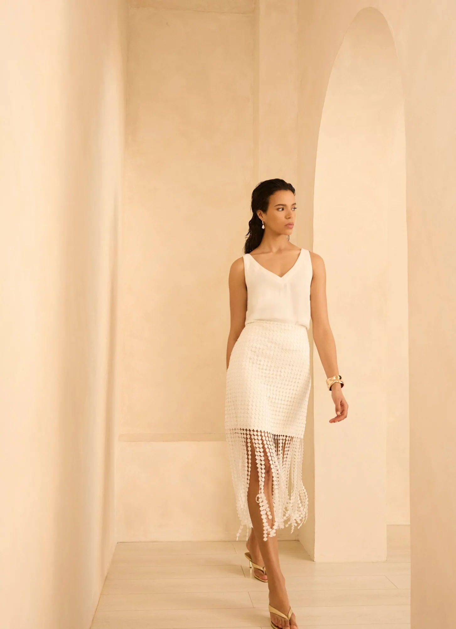White Disc Detail Fringed Midi Skirt