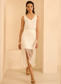 White Disc Detail Fringed Midi Skirt
