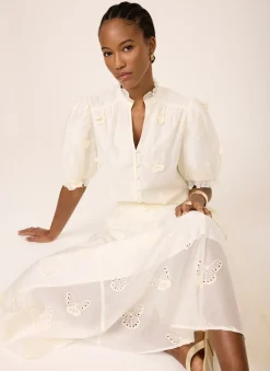 White Embroidered Butterfly Detail Midi Skirt