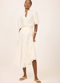 White Embroidered Butterfly Detail Midi Skirt
