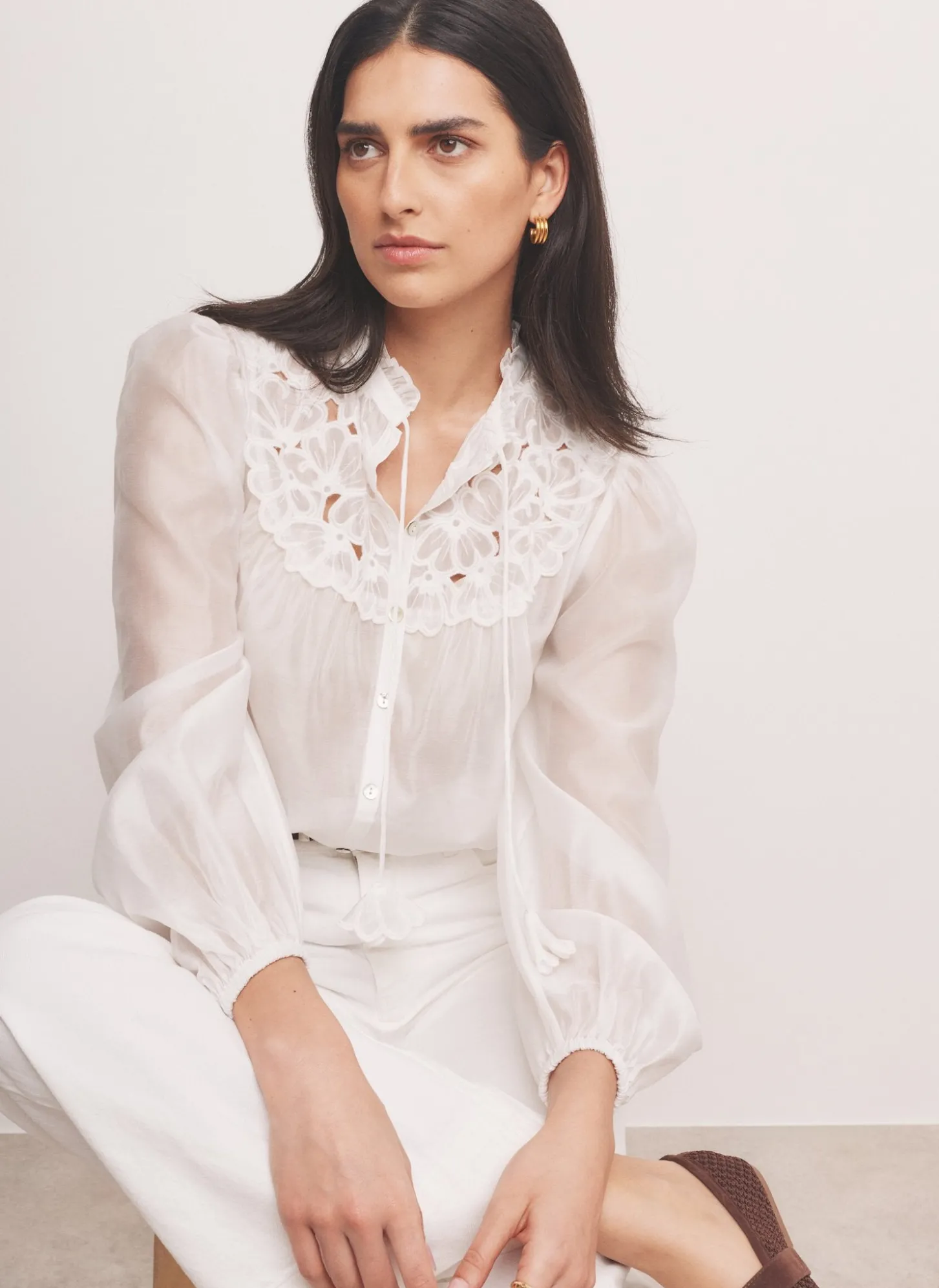 White Floral Cutwork Detail Blouse