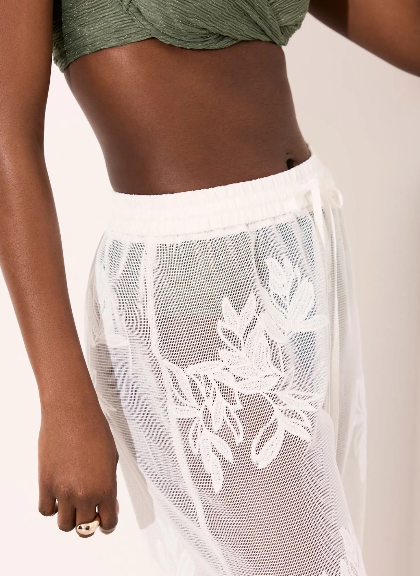 White Floral Detail Mesh Trousers