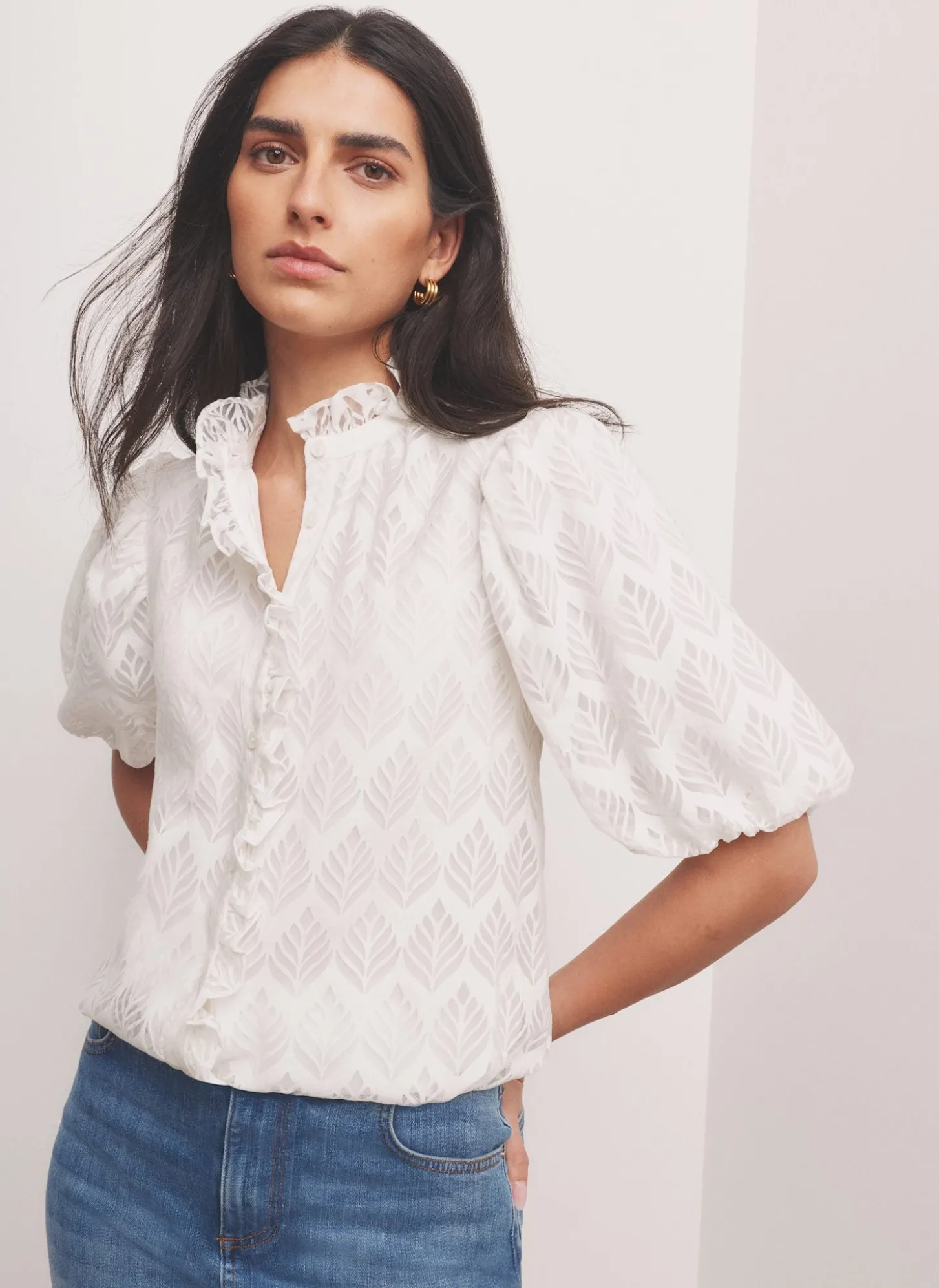 White Jacquard Ruffle Blouse